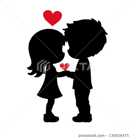 A silhouette of couple holding hands with red hearts above them, symbolizing love and affection. image conveys romantic and tender moment between two people A silhouette of couple holding hands with red hearts above them, symbolizing love and affection. image conveys romantic and tender moment between two people 130926475