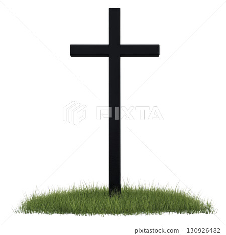 A simple black cross stands upright in patch of green grass, symbolizing peace and remembrance. serene setting evokes sense of tranquility and reflection 130926482