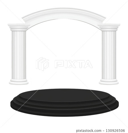 A white classical archway with two fluted columns stands on circular black platform, evoking sense of elegance and grandeur 130926506