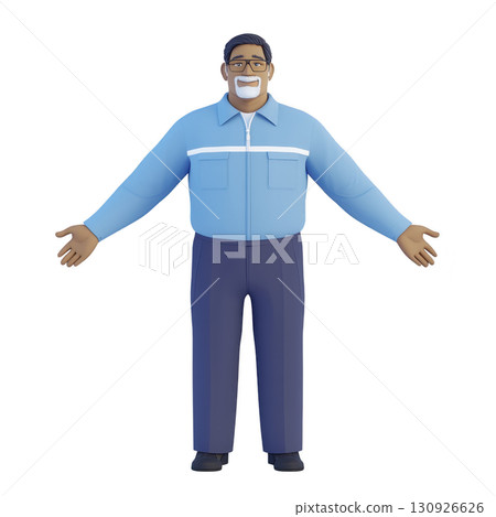 A friendly animated character with glasses, wearing light blue shirt and dark blue pants, stands with open arms. character has welcoming expression, conveying warmth and approachability 130926626