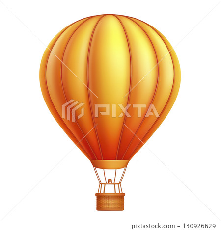 A vibrant orange and yellow hot air balloon with wicker basket, floating against clear background, evokes sense of adventure and freedom A vibrant orange and yellow hot air balloon with wicker basket, floating against clear background, evokes sense of adventure and freedom 130926629