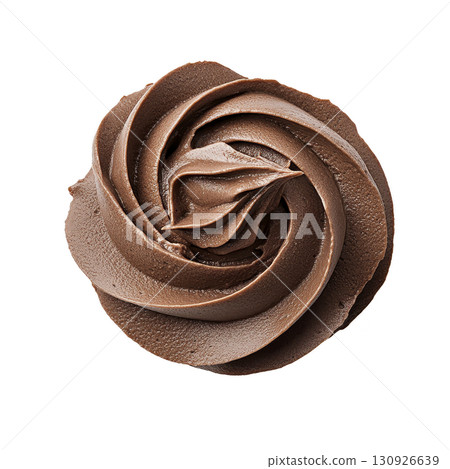 A swirl of creamy chocolate frosting is artfully arranged in circular pattern, showcasing its smooth texture and rich color. design is both elegant and appetizing 130926639