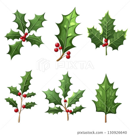 A Holly leaves with red berries are depicted in festive and vibrant style, showcasing different shapes and arrangements. illustration captures essence of holiday decoration 130926640