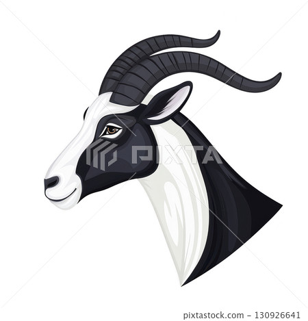 A stylized illustration of goat head with curved horns and black and white color scheme, showcasing calm expression. design is simple and elegant, highlighting animal features 130926641