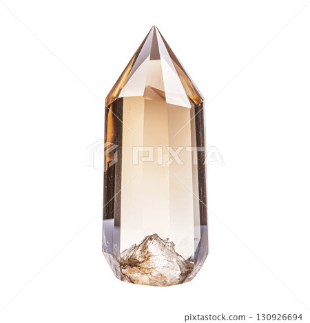 A polished, transparent crystal with pointed top and earthy inclusions, showcasing warm amber hue, stands elegantly against transparency background 130926694