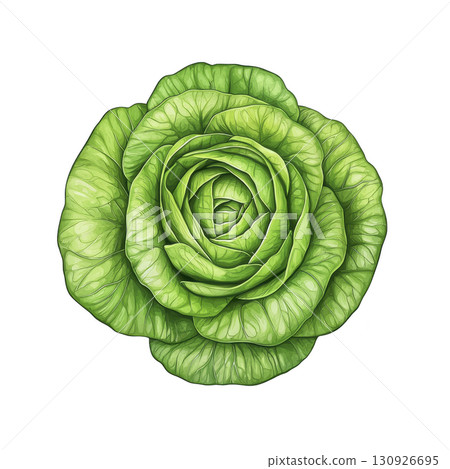 A vibrant green cabbage with layered leaves forms symmetrical, circular pattern, showcasing its fresh and crisp texture. detailed illustration highlights natural beauty of vegetable 130926695