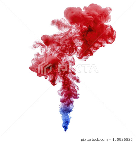 vibrant cloud of red and blue ink swirls gracefully in water, creating mesmerizing abstract pattern. colors blend seamlessly, forming intricate shapes and textures 130926825
