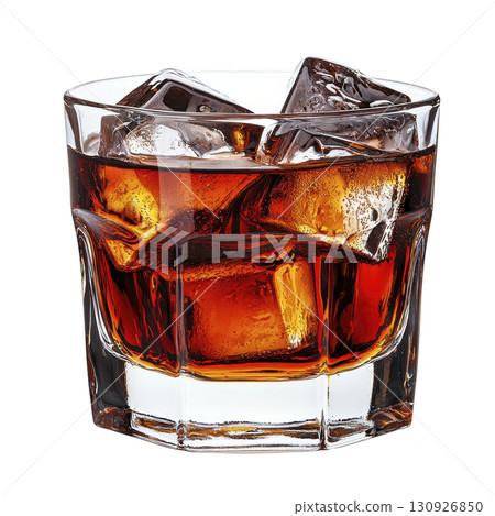 glass of whiskey on rocks, with large ice cubes, showcases rich amber color, creating classic and inviting appearance. drink is served in clear, faceted glass, enhancing its elegance glass of whiskey on rocks, with large ice cubes, showcases rich amber color, creating classic and inviting appearance. drink is served in clear, faceted glass, enhancing its elegance 130926850