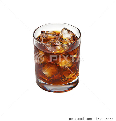 glass of dark, refreshing iced beverage with large ice cubes, perfect for cool drink. transparent glass showcases rich color of liquid, creating tempting visual glass of dark, refreshing iced beverage with large ice cubes, perfect for cool drink. transparent glass showcases rich color of liquid, creating tempting visual 130926862