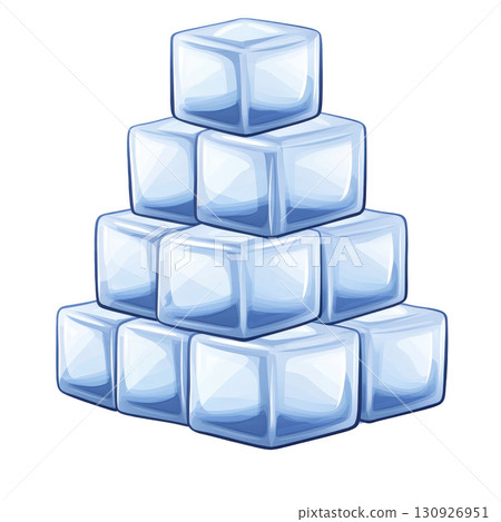 pyramid of shiny, translucent ice cubes stacked neatly, reflecting light and creating cool, refreshing appearance. cubes are arranged in stable structure, showcasing their smooth, glossy surfaces 130926951