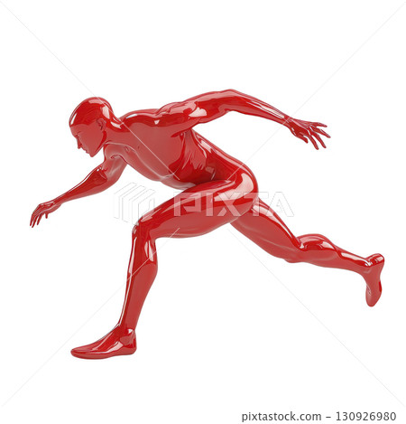 dynamic red sculpture of human figure in running pose, showcasing movement and energy. glossy finish and abstract design highlight form and motion 130926980