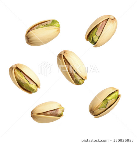 Pistachios isolated on transparency background, showcasing their open shells and vibrant green nuts. arrangement highlights natural texture and color, perfect for culinary use 130926983