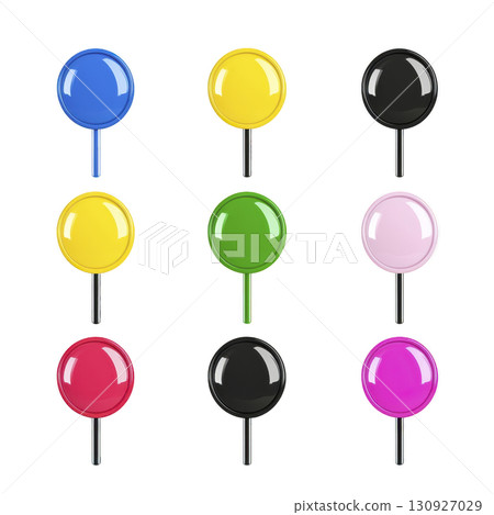 Colorful lollipops in various shades including blue, yellow, black, green, pink, red, and purple are arranged in grid pattern on transparency background 130927029