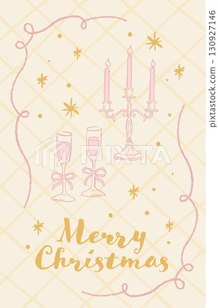 香檳杯和燭台-復古手繪聖誕卡設計模板 130927146