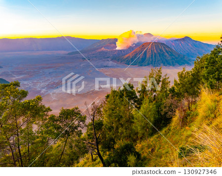 Aerial view Mountains at Bromo volcano during sunrise sky,Beautiful Mountains Penanjakan in Bromo Tengger Semeru National Park,East Java,Indonesia.Nature landscape background 130927346