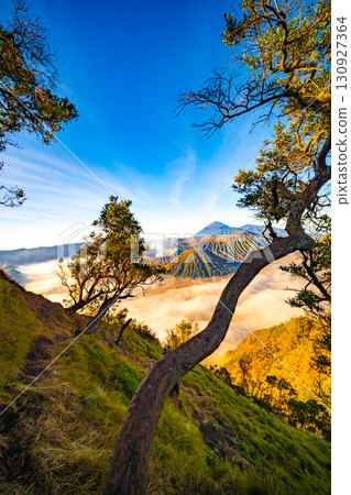 Aerial view Mountains at Bromo volcano during sunrise sky,Beautiful Mountains Penanjakan in Bromo Tengger Semeru National Park,East Java,Indonesia.Nature landscape background Aerial view Mountains at Bromo volcano during sunrise sky,Beautiful Mountains Penanjakan in Bromo Tengger Semeru National Park,East Java,Indonesia.Nature landscape background 130927364