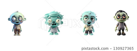 Cute 3D Zombie Character Icons Set, Funny Halloween Elements on Transparent PNG Background 130927365