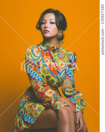 Studio portrait of a female model wearing a retro-pop dress Studio portrait of a female model wearing a retro-pop dress 130927380