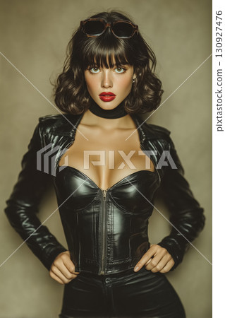 A cool portrait of a female fashion model with a strong gaze and a striking leather outfit 130927476