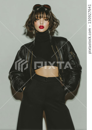 A cool fashion portrait of a female model in an all-black outfit 130927641