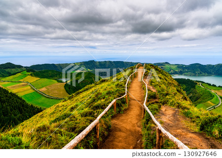 Hiking trail leading to a breathtaking view in Sao Miguel Island, Azores, Portugal 130927646