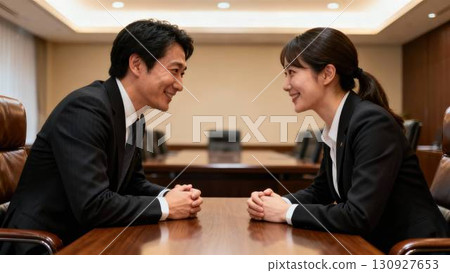 會議室裡面帶著微笑的商界人士互相看著對方 130927653