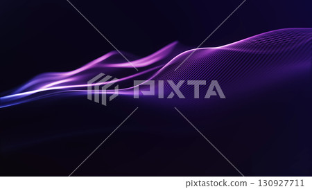 Abstract purple glowing particle wave with luminous neon light flowing smoothly on futuristic dark background. Abstract purple glowing particle wave with luminous neon light flowing smoothly on futuristic dark background. 130927711