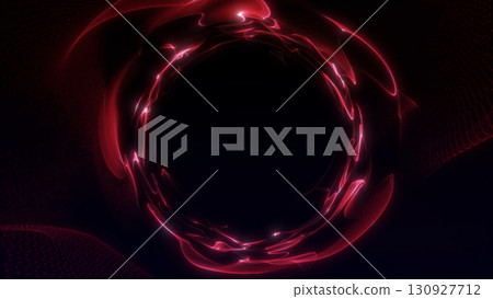 Dynamic glowing red circle made of flowing neon particles on dark futuristic background, abstract energy vortex effect. Dynamic glowing red circle made of flowing neon particles on dark futuristic background, abstract energy vortex effect. 130927712