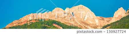 Mountain landscape with clear blue sky on a sunny day. Mountains of the Dolomites. Thought Tyrol, Italy Europe. Horizontal banner Mountain landscape with clear blue sky on a sunny day. Mountains of the Dolomites. Thought Tyrol, Italy Europe. Horizontal banner 130927724