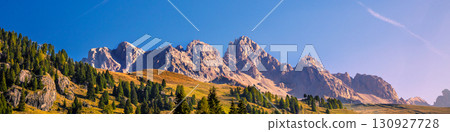 Mountain landscape with clear blue sky on a sunny day. Dolomites. South Tyrol, Italy, Europe. Horizontal banner Mountain landscape with clear blue sky on a sunny day. Dolomites. South Tyrol, Italy, Europe. Horizontal banner 130927728