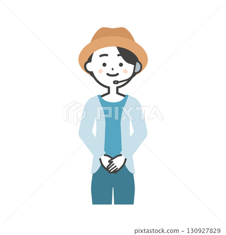 Illustration of a female host of a summer outdoor event with her hands clasped in front of her 130927829