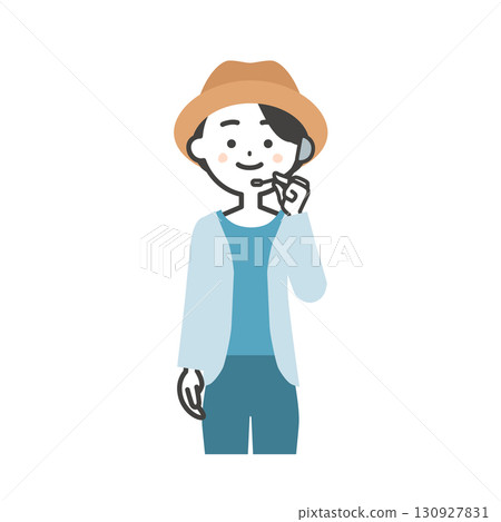 Illustration of a female host of a summer outdoor event with an intercom 130927831