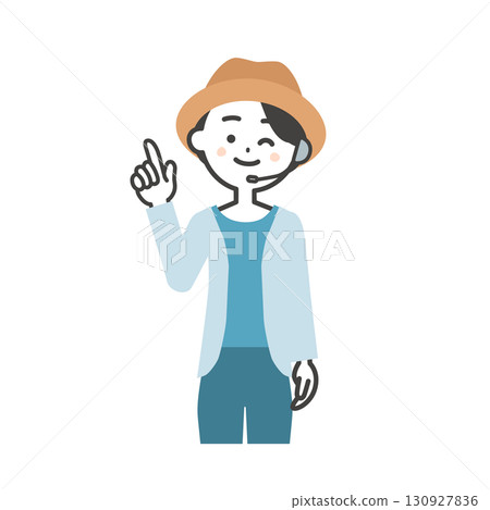 夏季戶外活動女主持人眨眼並向上指的插圖 130927836