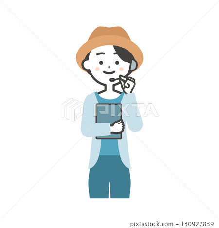 Illustration of a female host of a summer outdoor event holding documents 130927839