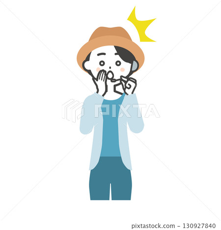 一位夏季戶外活動的女主持人用手摀住嘴,感到驚訝的插圖 一位夏季戶外活動的女主持人用手摀住嘴,感到驚訝的插圖 130927840