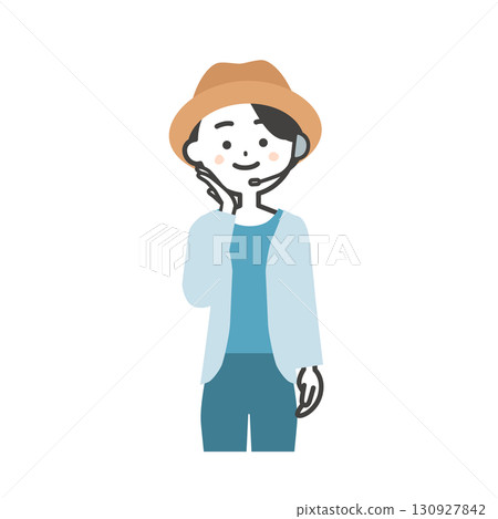 Illustration of a female host of a summer outdoor event with her hand on her cheek Illustration of a female host of a summer outdoor event with her hand on her cheek 130927842