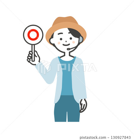Illustration of a female host of a summer outdoor event holding a correct answer card 130927843