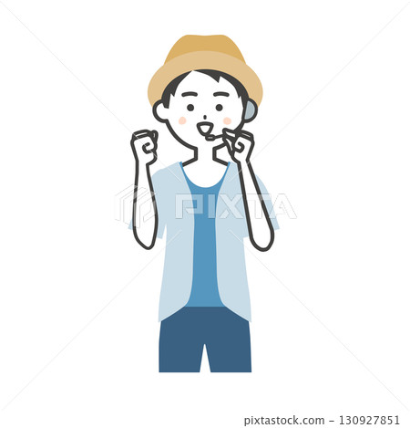 Illustration of a male host of a summer outdoor event doing a fist pump 130927851