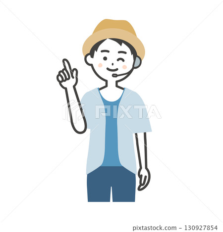 Illustration of a male host of a summer outdoor event winking and pointing up 130927854