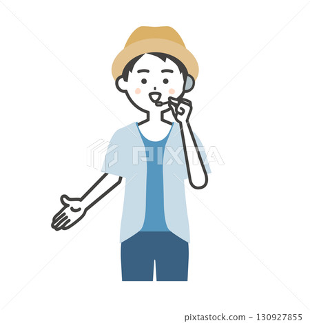 Illustration of a male host of a summer outdoor event pointing downwards 130927855