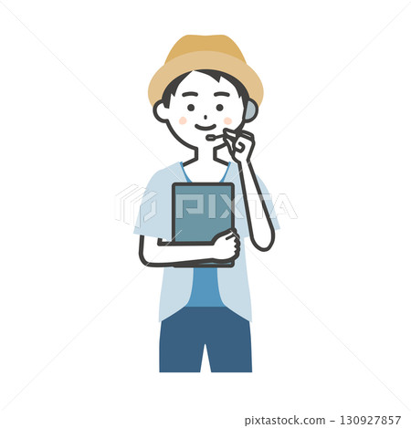 Illustration of a male host of a summer outdoor event holding documents 130927857