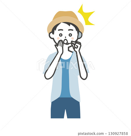 夏季戶外活動的一位男主持人用手摀住嘴,感到驚訝的插圖 夏季戶外活動的一位男主持人用手摀住嘴,感到驚訝的插圖 130927858