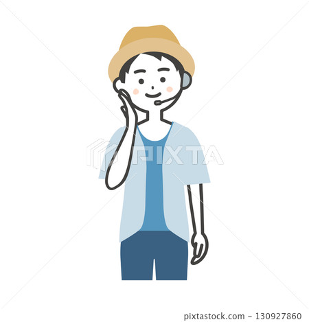 Illustration of a male host of a summer outdoor event with his hand on his cheek 130927860