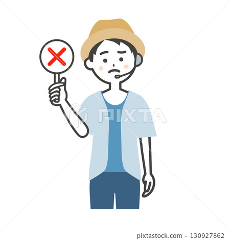 Illustration of a male host of a summer outdoor event holding an incorrect answer card 130927862