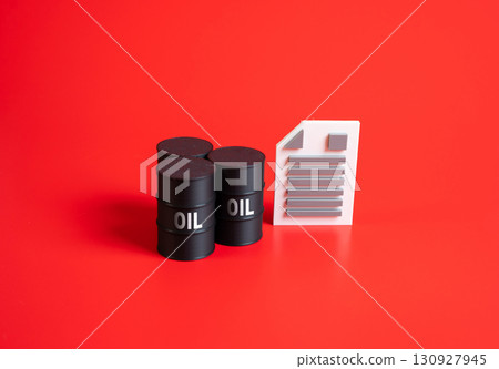 Barrels of oil and contract. Trading and futures. Symbol of petroleum market, commodity exchange, global energy, oil prices, investment contracts, and geopolitical risks. 130927945