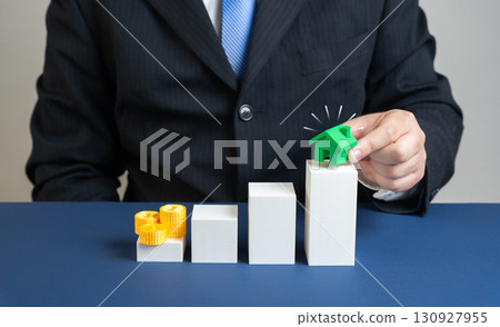 Down payment on the way to your own home. Investments in green housing. Energy efficiency and savings. Symbol of mortgage, property purchase, sustainability, and smart investments. 130927955