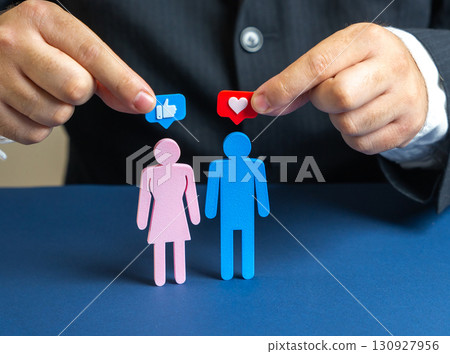 Young woman keeps young man in friend zone, concept. Unrequited love and boundaries of friendship. Symbol of emotions, relationships, rejection, dating, communication, and psychology of feelings. Young woman keeps young man in friend zone, concept. Unrequited love and boundaries of friendship. Symbol of emotions, relationships, rejection, dating, communication, and psychology of feelings. 130927956