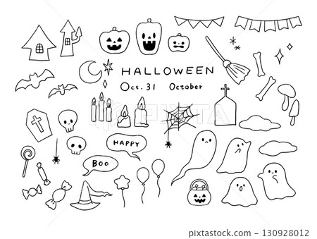 Halloween ghost and pumpkin illustration set (monochrome) 130928012