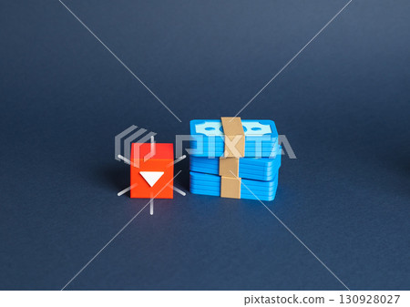 Depreciation of money. Reduction of capital and depletion of deposit at auction. Symbol of financial instability, inflation, currency crisis, banking sector decline, and savings erosion. 130928027