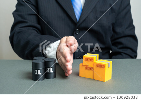 Refuse barter trade of oil in exchange for goods. Concept of modern trade, international relations, energy markets and financial settlements. Useful for economics, politics and business strategy. 130928038